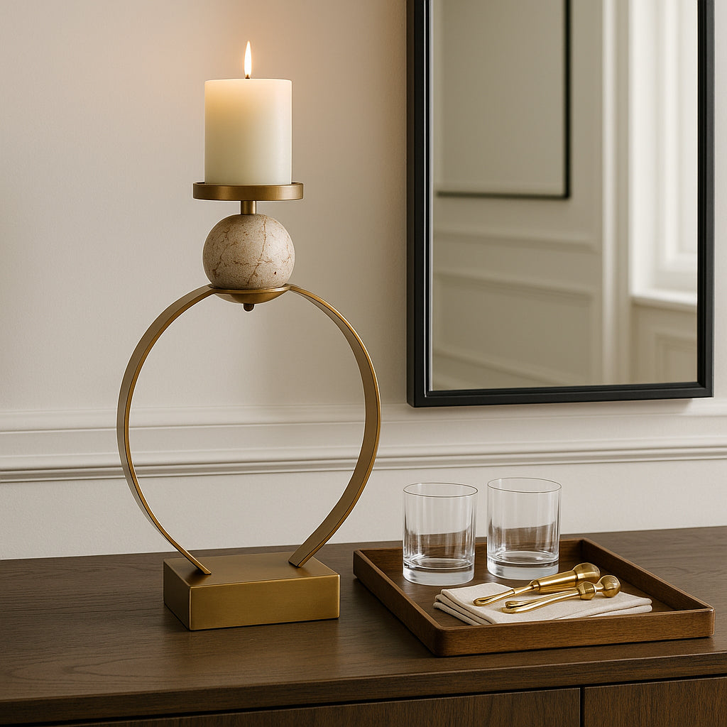 Sculptural Candle Holder with Marble Sphere Accent - Elegant Pillar Candlestick Holder for Table Centerpiece or Entryway Table Decor - Decorative Home Decor Accent for Living Room Styling - 26" Gold