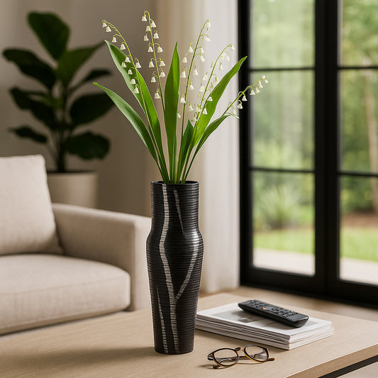 Contemporary Ribbed Metal Vase for Living Room Decor - Decorative Flower Vase Perfect for Bedroom, Home Accent, and Console Table Decor - Stylish House Vase for Office Display - 17" Gray
