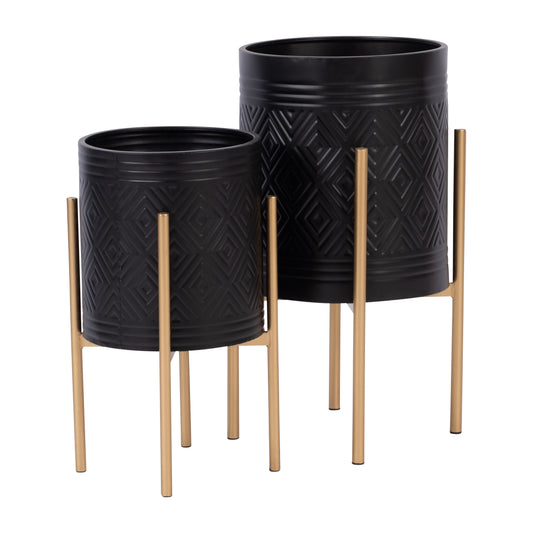 Ness & Jord Indoor Outdoor Aztec Planters on Metal Stand, Set of 2, Black and Gold, 14 L x 14 W x 23 H"