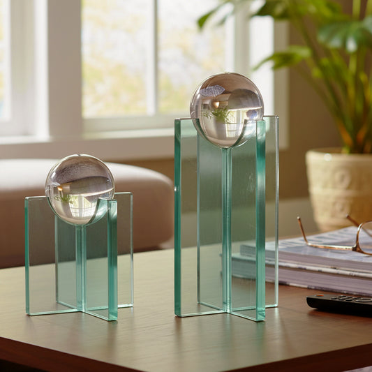 Decorative Glass Sculpture Sphere for Home Decor - Contemporary Ornaments for Shelf, Coffee Table, and Office Decor Accent - Versatile Decorative Objects for Living Room Decor Set of 2 - 12", 8" Clear