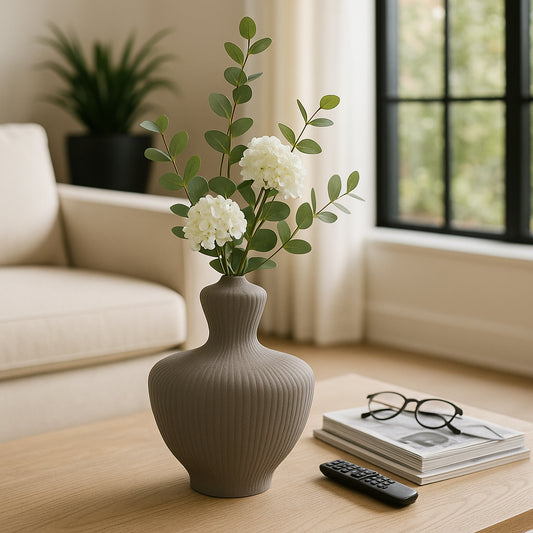 Decorative Ribbed Vase for Living Room Decor - Modern Flower Vase for Bedroom Styling, Office Spaces, or Home Decor - Sculptural Contemporary House Accent for Table Centerpiece Decoration - 13" Gray