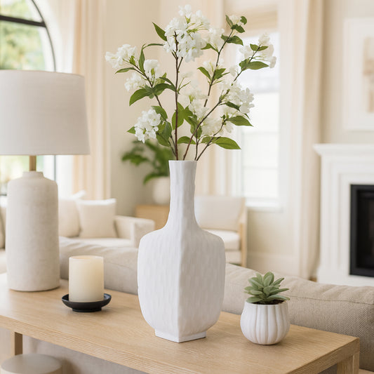 Decorative Flower Vase for Living Room Decor – Polyresin Textured Vase for Pampas Grass, Faux Stems, and Fresh Flowers – A Vase That Elevates Home, Office, Bedroom, and Table Decor – 15" White