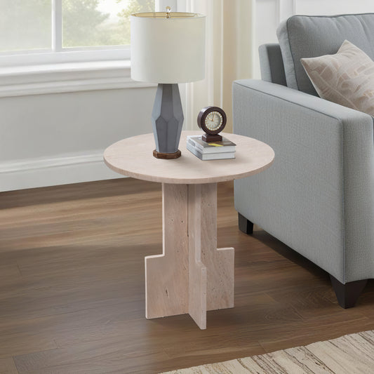 Modern End Table, Side Table, or Small Night Stand - Round Marble Table with Unique Cross Pedestal Base for Small Spaces - Minimalist Accent Table for Home, Bedroom, or Living Room Decor - 18" Tan