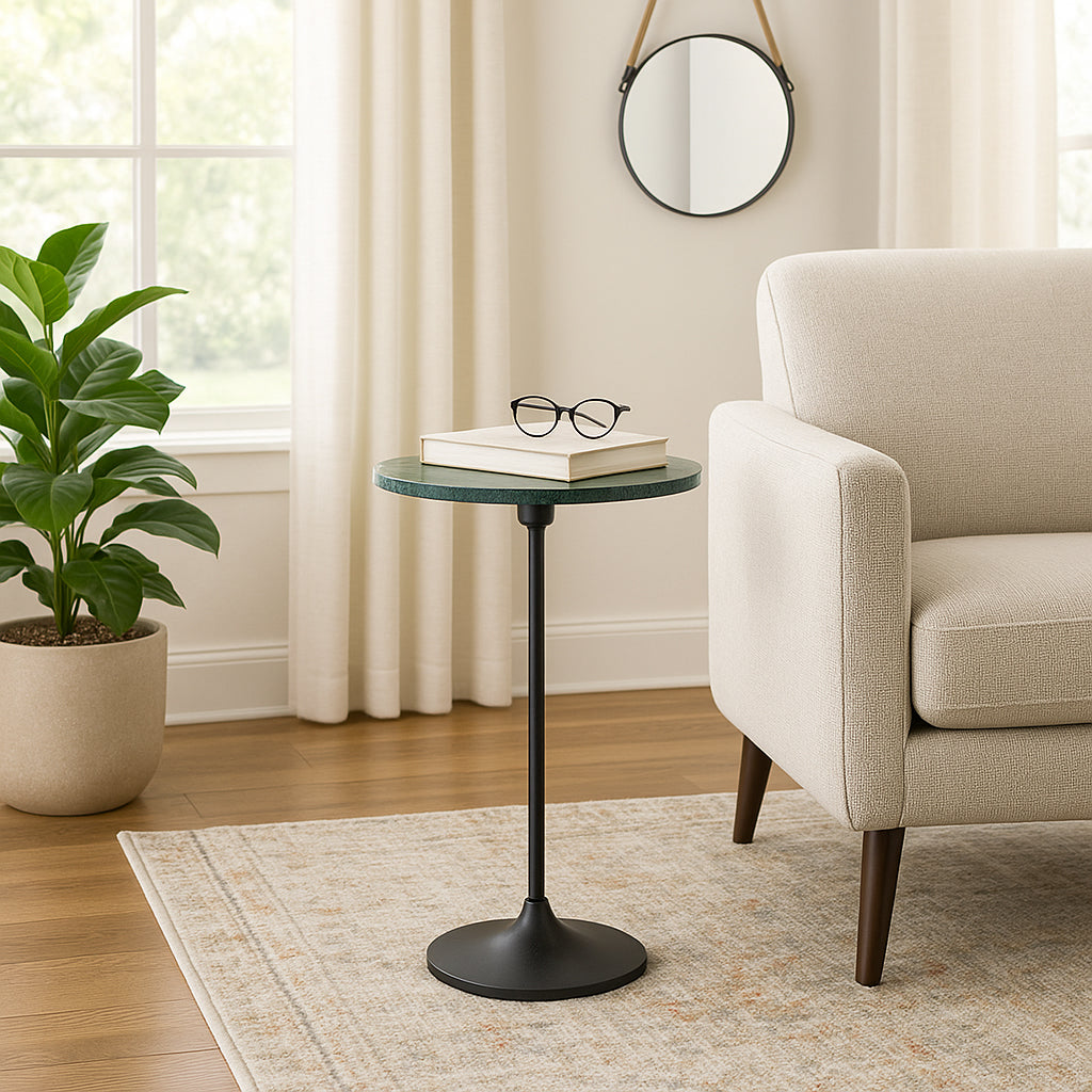 Elegant End Table, Side Table, or Small Night Stand for Room Decor - Slim Metal Drink Table with Marble Top and Trumpet Base for Bedroom or Living Room - Ideal for Small Spaces - 27" Green & Black