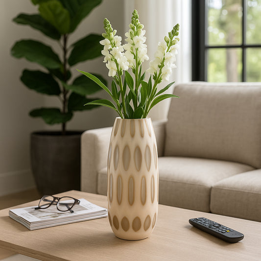 Decorative Large Glass Vase with Chiseled Accent  for Living Room Decor - Elegant Flower Vase Perfect for Offfice Styling, Tabletop, and Home Decor - Artisan House Accent for Bedroom - 18" Tan
