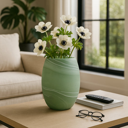 Decorative Large Glass Vase with Swirl Pattern for Living Room Decor - Stylish Flower Vase Perfect for Office Accent, Tabletop, and Home Decor - Artisan House Accent for Bedroom Decor - 16" Green
