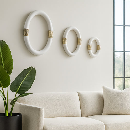Modern Wall Hangings Sculptural Oval Aluminum Contemporary Minimalist Wall Art for Living Room Bedroom Office Set of 3 Decorative Rings - 14", 12", 10" White