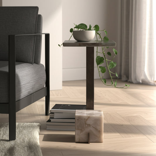 Home Decor End Table, Side Table, or Night Stand - Elegant Marble Drink Table with Heavy Cube Base - Minimalist Industrial Style for Living Room Spaces, Bedroom, or Office Decor - 24" Bronze & Black