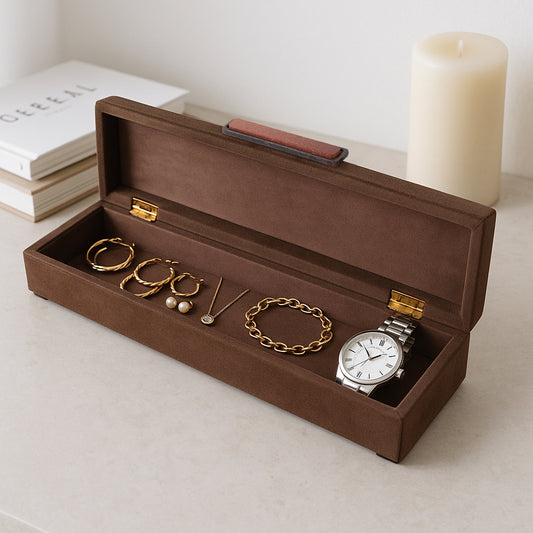 Decorative Box for Home Decor with Lid – Long Fabric Keepsake and Storage Box with Handle – Sleek Jewelry Box and Functional Home Organizer for Living Room, Bedroom, or Office Decor – 4" Brown