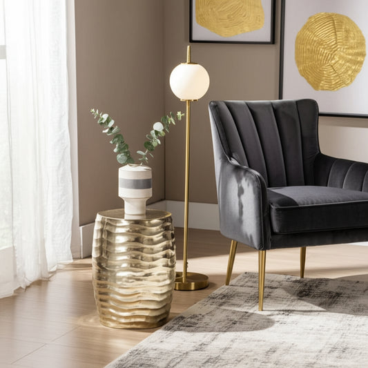 Classy End Table, Side Table, or Night Stand for Room Decor - Wavy Metal Drum Table with Flat Top for Home, Office, Bedroom, and Living Room - Elegant Accent Table Ideal for Small Spaces - 18" Gold