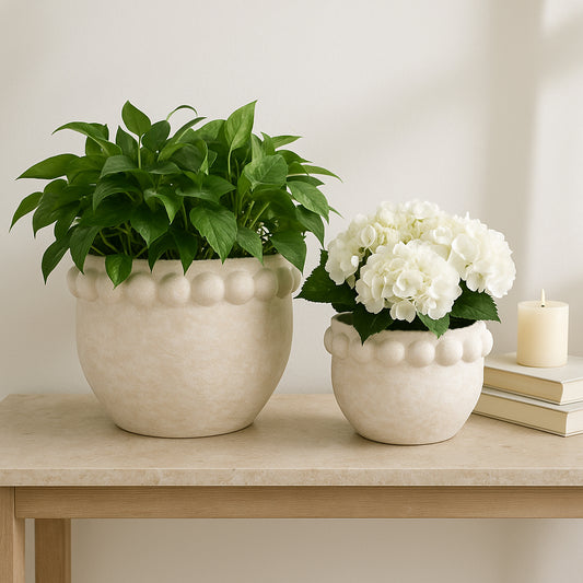Home Decor Planters and Flower Pots – Round Indoor or Outdoor Plant Pots with Bubble Rim Ideal for Houseplants – Modern Decorative Pots for Garden, Patio, or Room Accent Set of 2 – 16", 10" White