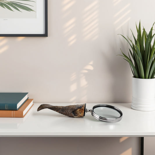 Decorative Magnifying Glass Glass Stone Metal Buffalo Horn Handcrafted Display Accent for Home Office Bedroom Living Room - 2" Brown
