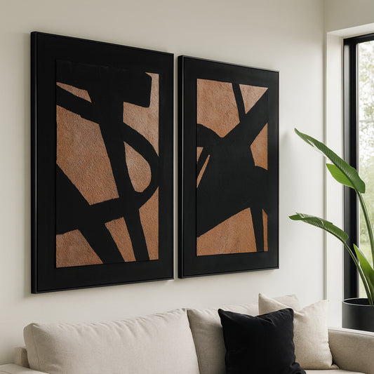 Decorative Abstract Handpainted Wall Arts for Home Decor - Stylish Framed Canvas Wall Arts for Bedroom, Dining Room, or Living Room - Hanging Wall Accents for House Decor Set of 2 - 48" Black & Tan