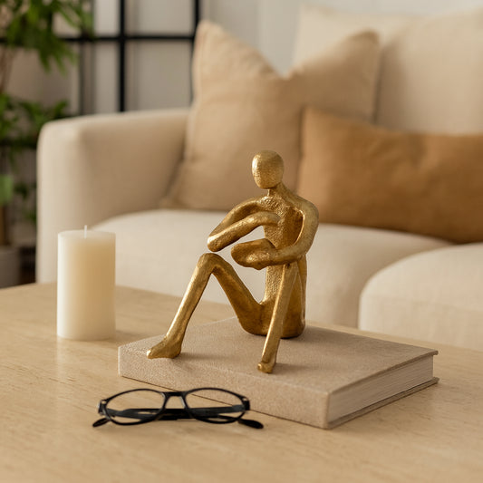 Minimalist Abstract Sitting Man Sculpture for Home Decor - Artistic Ornament Statues for Bathroom, Office, and Room Decor - Stylish Figurine for Shelf, Coffee Table and Living Room Decor - 6.75", Gold
