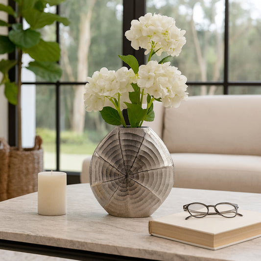 Decorative Flower Vase for Living Room Decor – Modern Metal Shell-Patterned Vase Perfect for Home, Office, Bedroom, or Table Decor – A Contemporary House Centerpiece That Reflects Style – 10" Silver