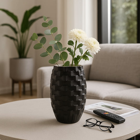 Modern Textured 3D Vase with Woven Pattern for Living Room Decor - Decorative Flower Vase for Bedroom, Home Accent, and Office Decor - Sculptural Vase for Console Table or House Decor - 13" Black