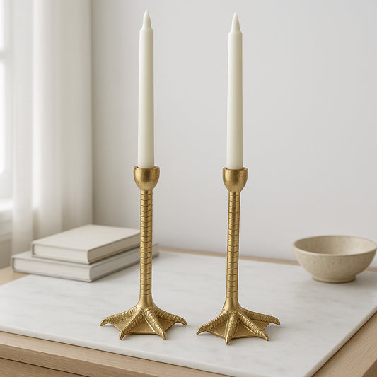 Decorative Taper Candle Holders for Living Home Decor – Bird Leg Candle Holder Centerpieces for Table or Mantel – Metal Taper Candlestick Holders for a Warm Glow in Living Room; Set of 2 – 9" Gold