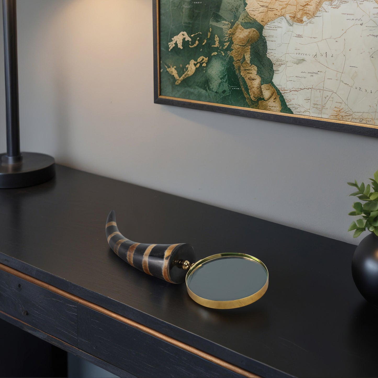 Decorative Magnifying Glass Buffalo Horn and Glass with Stone and Metal Accents Modern Casual Style for Home Office Bedroom Living Room Decor - 2" Black