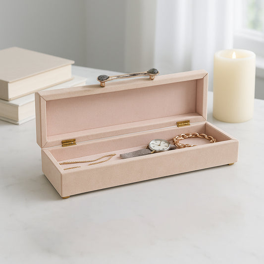Elegant Decorative Box for Home Decor – Soft Suede Jewelry Storage Box with Lid and Sculptural Metal Handle – Long Keepsake Box and Home Organizer for Entryway, Living Room, or Bedroom – 4" Tan