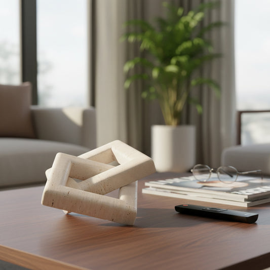 Modern Travertine Interlocking Square Sculpture for Home Decor - Stylish Ornament for Bathroom, Office, and Living Room - Decorative Accent Ideal for Coffee Table or Shelf Decor - 16" Ivory & Tan