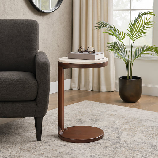 Chic End Table, Side Table, or Night Stand for Home Decor - Wood C-Shaped Bedside Table with Circular Base and Marble Top - Ideal for Small Spaces, Bedroom, or Living Room Decor - 26" Ivory & Brown