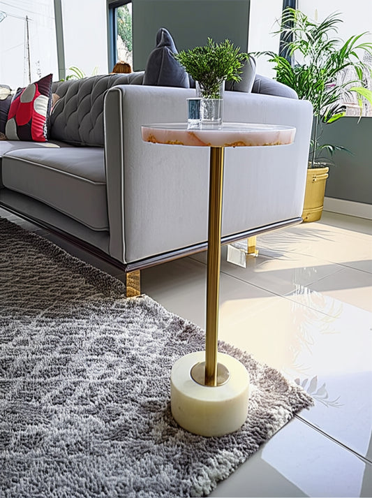 Home Decor End Table, Side Table, or Night Stand - Quartz Drink Table with Slim Metal Base Perfect for Big or Small Spaces - Sleek Form for Modern Office, Living Room, Bedroom Decor - 24" Pink & Gold