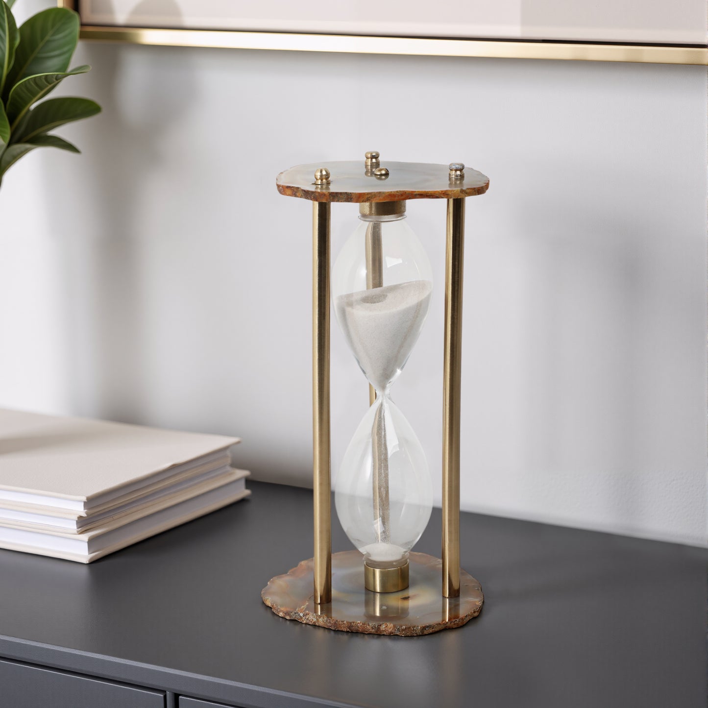 Decorative Hourglass Agate Stone Glass Metal Steel Modern Design Home Office Bedroom Living Room Decor - 10" Black