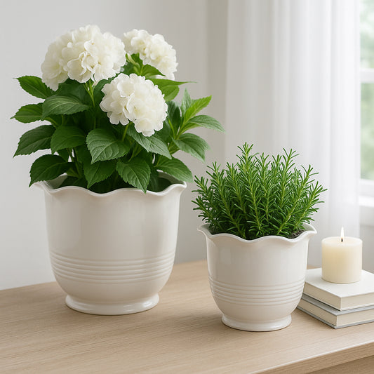 Home Decor Flower Pots and Planters – Elegant Ceramic Orchid Pots and Succulent Planters with Sculpted Wavy Rim – Decorative Indoor and Outdoor Planters for Garden and Patio Set of 2 – 10", 7" Ivory