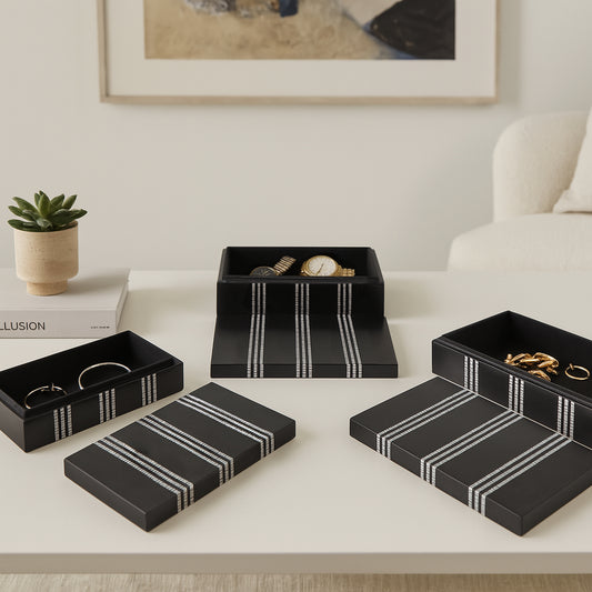 Decorative Boxes with Lid for Home Decor – Wood Storage Boxes for Jewelry and Keepsakes – Sleek Home Organizer Perfect for Shelf, Living Room, Bedroom, or Office Set of 3 – 12", 11", 10" Black & Ivory