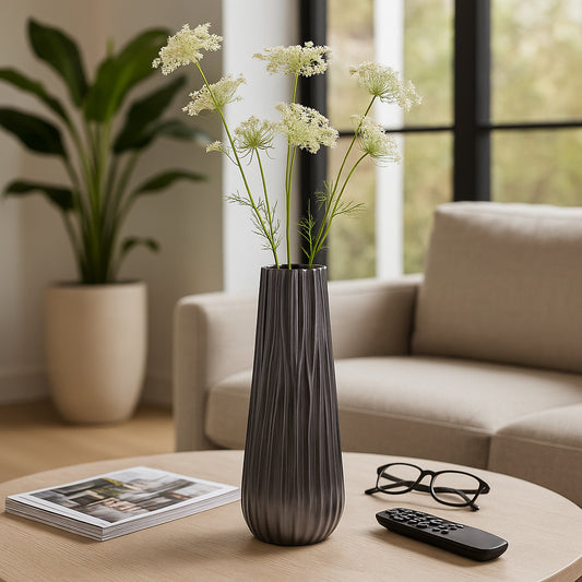 Contemporary Metal Vase for Living Room Decor - Tall Decorative Home Decor Accent for Bedroom, Office, and Table Styling - Stylish Sculptural Flower Vase for House Decor Accessory - 15" Gunmetal