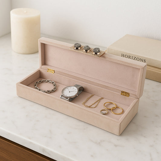 Decorative Box for Home Decor – Elegant Jewelry Box and Home Organizer for Keepsakes and Accessories – Long Storage Box with Lid for Living Room, Entryway, Shelf, or Office Decor – 3" Ivory & Tan