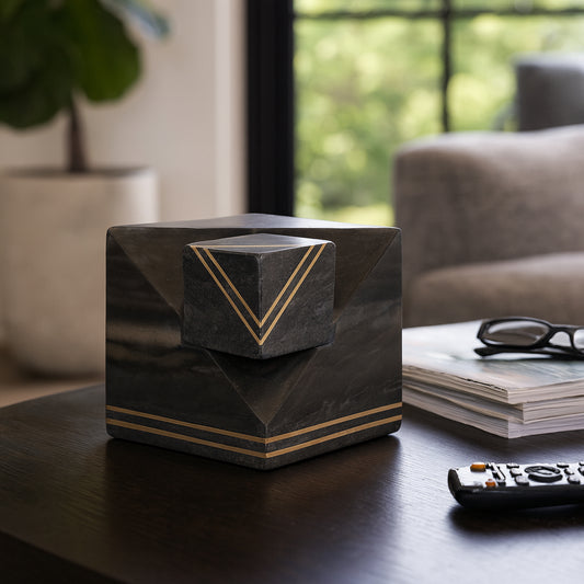 Decorative Marble Cube Statue with Inlay Design for Home Decor - Modern Ornament for Bathroom, Office, and Living Room Decor - Elegant Sculpture Accent for Shelf or Coffee Table Decor - 6" Gray & Gold