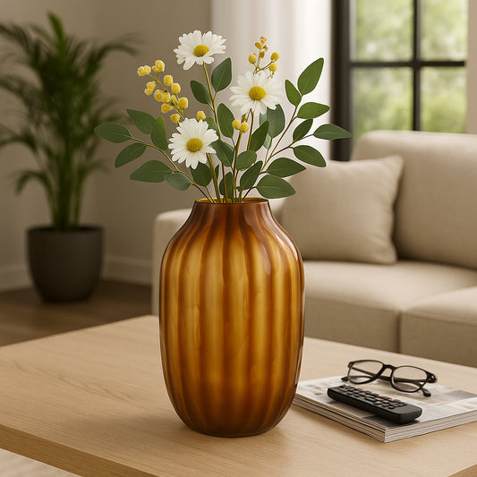 Decorative Ribbed Glass Vase for Living Room Decor - Stylish Mid Century Flower Vase for Bedroom, Coffee Table, and Home Decor - Elegant Modern Accent for Home and Office Spaces - 15" Brown