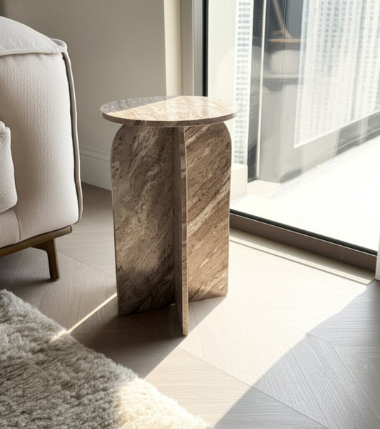 Modern Round Marble End Table for Home Decor - Small Side Table Stand for Living Room, Bedside, or Drink Table - Decorative Bedroom Night Stand or Drink Table for Small Spaces - Set fof 2, 24", Tan