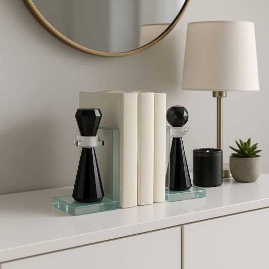 Bookends for Bookshelf Decor – Chic Crystal King & Queen Chess Bookends Ideal for Shelves and Book Accessories – Elegant Decorative Bookends for Office, Desk Decor, or Home Library Set of 2 – 5" Black
