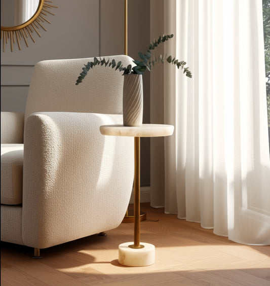 Home Decor End Table, Side Table, or Night Stand - Quartz Drink Table with Slim Metal Base Perfect for Big or Small Spaces - Sleek Form for Modern Office, Living Room, Bedroom Decor - 24" White & Gold