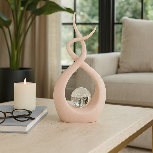 Home and Office Decorative Statue – Loop Sculpture with Glass Orb Centerpiece for Living Room, Coffee Table, or Shelf Display – Artistic Ornament That Adds Contemporary Charm to Your Space – 12" Pink