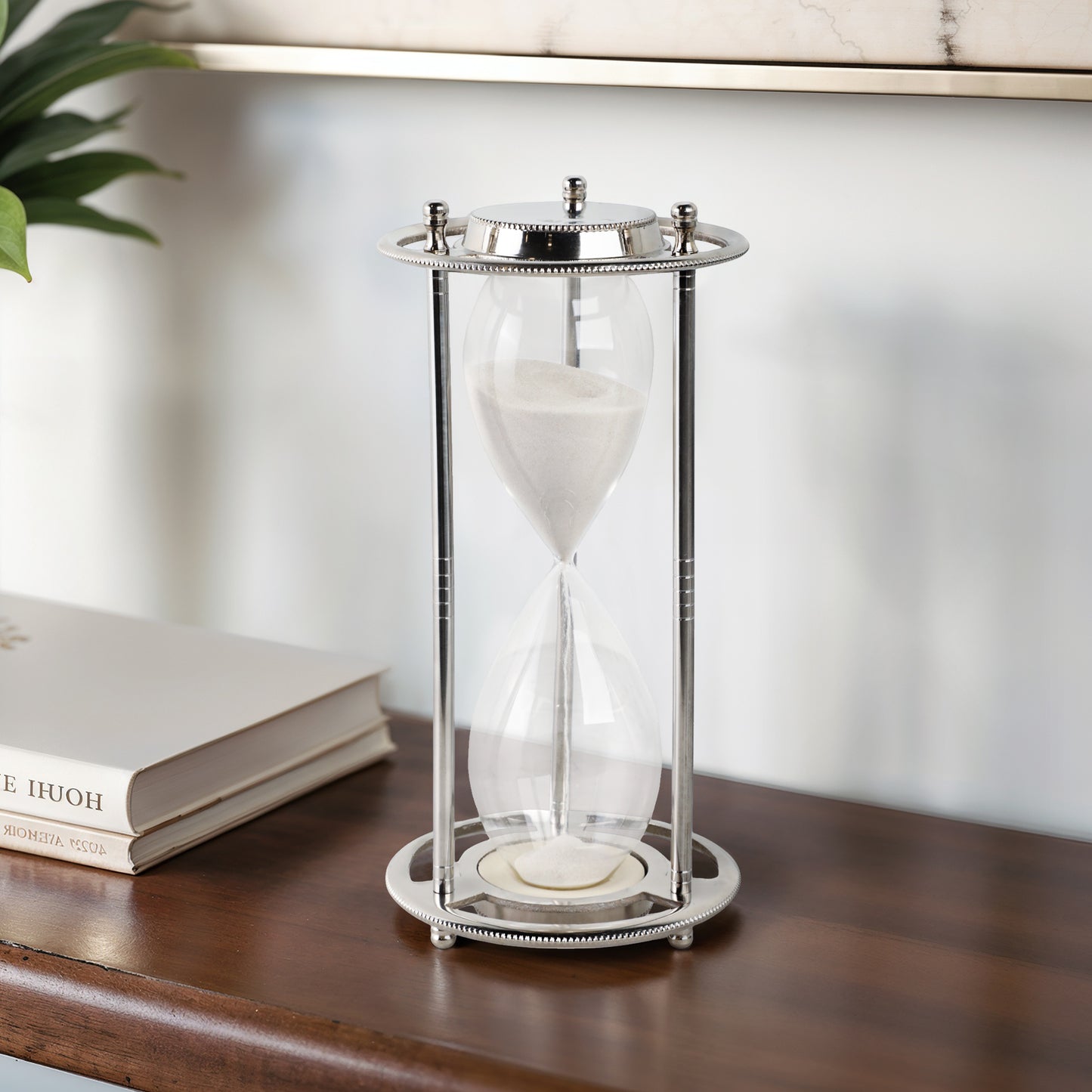 Modern Decorative Object with Metal Aluminum Frame and Glass Hourglass Design for Contemporary Display