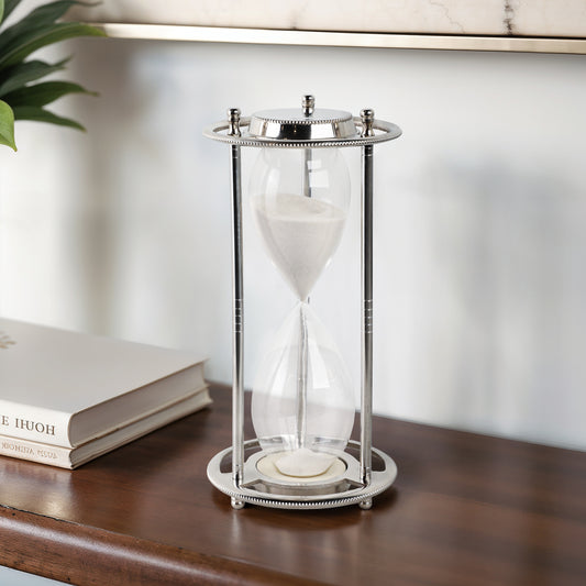 Modern Decorative Object with Metal Aluminum Frame and Glass Hourglass Design for Contemporary Display