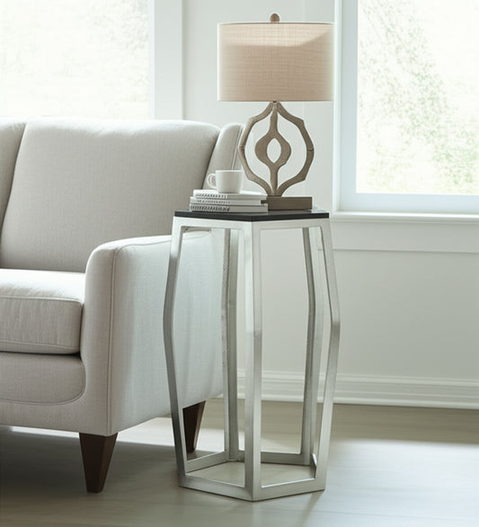 End Table, Side Table, or Night Stand for Home Decor - Marble Accent Table with Pentagon Top and Slim Frame for Small Spaces - Chic Table for Living Room, Bedroom, or Office - 22" Silver & Black
