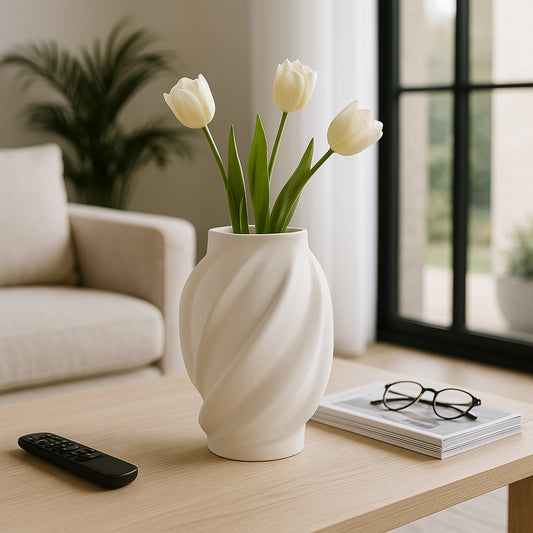 Decorative Sculptural 3D Printed Vase for Living Room Decor - Stylish Home Decor for Office Spaces, Bedroom, or Table Decor - Perfect House Decor Vase for Flowers or Entryway Display - 12" White