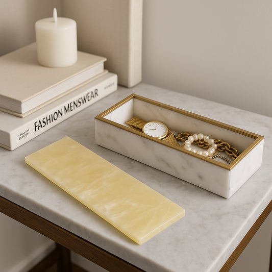 Decorative Box for Home Decor with Lid – Rectangular Home Organizer for Accessories – Long Marble Jewelry and Keepsake Storage Box Ideal for Living Room, Entryway, or Shelf – 2" White & Light Brown