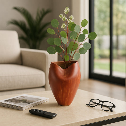 Decorative Sculptural Flower Vase for Living Room Decor - Contemporary Stylish Home Accents for Bedroom, Office Styling, and Table - Modern House Vase for Entryway or Console Decor - 14" Red