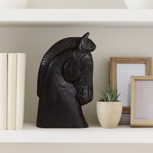 Home and Office Decorative Sculpture – Wooden Trojan Horse Head Statue for Coffee Table, Living Room, Shelf, or Bathroom Decor – Artistic Ornament That Bring Classic Elegance Indoors – 16" Black