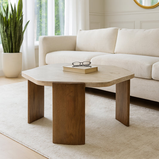 Coffee Table Sleek Octagon Design Stone & Mango Wood Modern Glam Style Home Office Bedroom Living Room Decor - 17" Brown