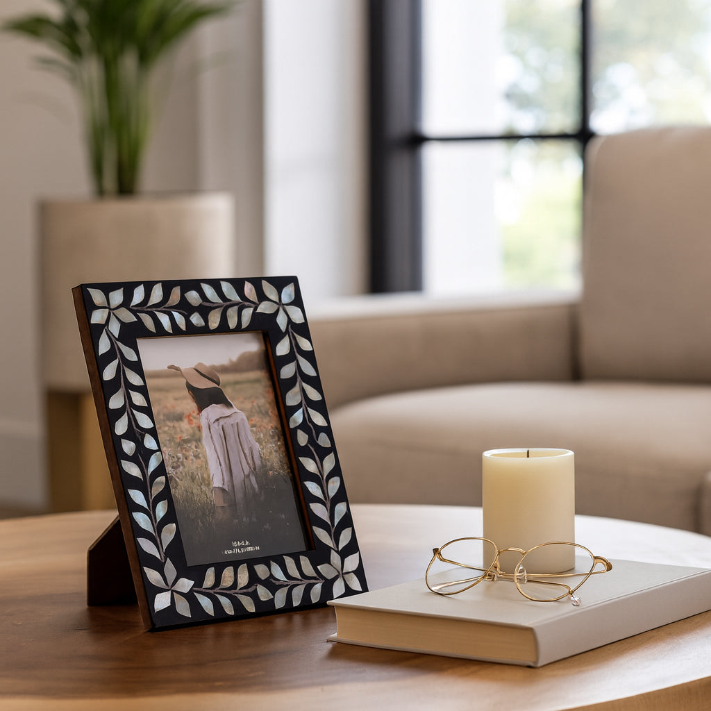 Photo Frame for Tabletop Decor – Picture Frame with Mother of Pearl Inlay and Leaf Vine Design Perfect for Travel Photos – Decorative Picture Frame for Living Room and Bedroom Decor – 10" Black