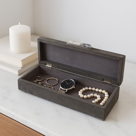 Decorative Box with Lid for Home Decor – Long Fabric Jewelry and Storage Box with Marble-Inspired Handle for Keepsakes and Accessories – Perfect Home Organizer for Entryway and Shelf – 3" Gray