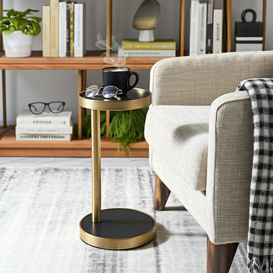 Slim End Table, Side Table, or Night Stand for Home Decor - Elegant Metal Drink Table with Marble Top for Office, Living Room, or Bedroom Decor - A Compact Accent for Small Spaces - 23" Black & Gold