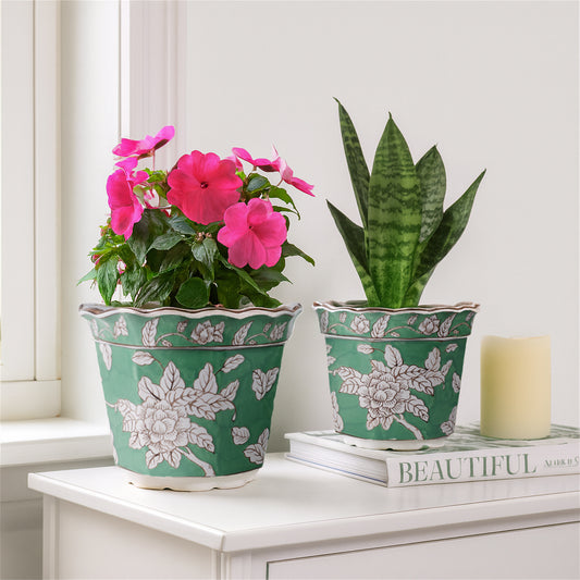Charming Flower Pots for Home Decor – Stylish Planters and Plant Pots – Decorative Pots for Plants, Planters for Outdoor and Indoor Plants, or a Functional Plant Stand Indoor – Set of 2, 12", Green