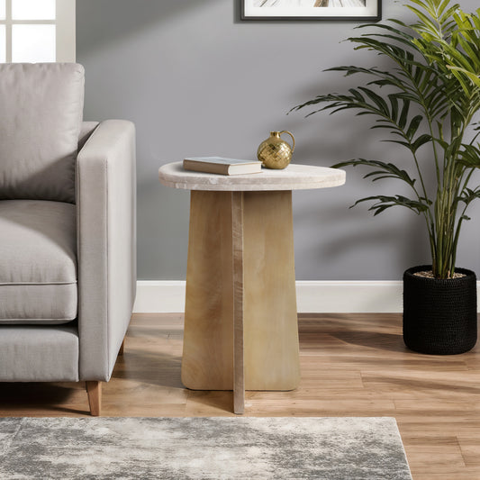 Home Decor End Table, Side Table, or Night Stand - Wood Accent Table with Rounded Triangular Marble Top for Office, Bedroom, or Living Room Decor - Perfect for Big or Small Spaces - 24" Brown & Ivory